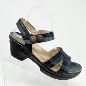 Sanita Women's Sienna Dark Blue Leather Slingback Wedge Sandals Size 11 Button